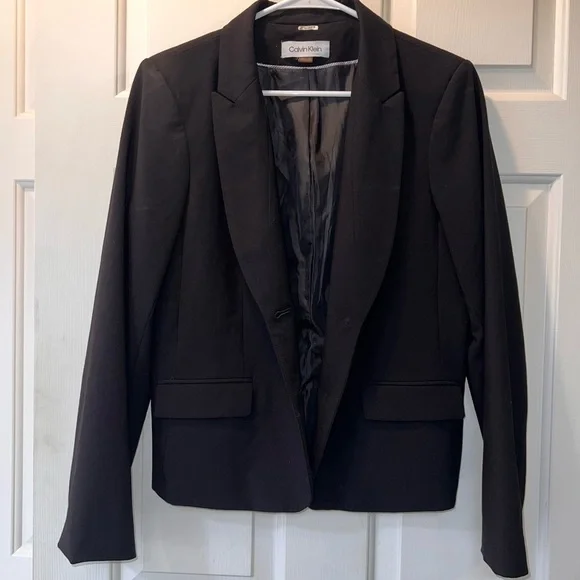 Calvin Klein Women’s Suit Jacket, Black Two-Button Lux Blazer, Petite Size 14 - Picture 1 of 5